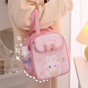 Cute pink cartoon rabbit insulated lunch bag with large capacity and 3D bow
