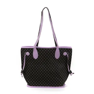 Elegant large capacity printed tote bag with lavender straps and dark cross pattern.