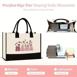 Large capacity canvas tote bag with MAMA floral print, ideal for daily necessities
