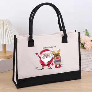 Durable large canvas tote bag with festive Christmas Santa print and black handles