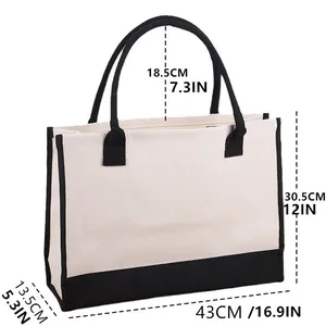 Detailed dimension guide for the large capacity canvas tote bag with black trim