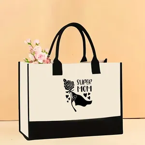 Stylish large capacity canvas tote bag with black trim and Super Mom rose print