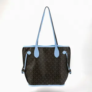 Women's fashionable large capacity printed tote bag with light blue contrast trim design