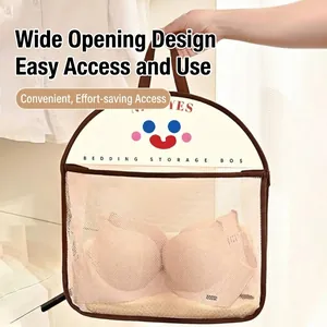 Wall hanging mesh underwear storage bag with cute cartoon face design and brown borders