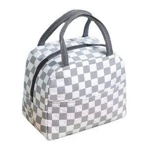 Borsa termica per il pranzo con motivo a scacchi grigi e bianchi a bolle