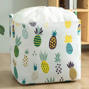 Large foldable cotton linen laundry basket with colorful pineapple print and drawstring