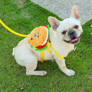 Adjustable hamburger-shaped pet backpack with yellow leash harness for dogs and cats