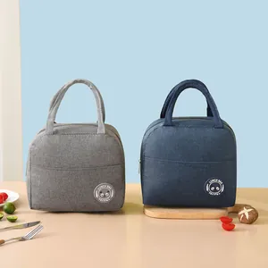 Professional detail view of insulated gray and navy lunch bags with panda travel logo