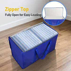 Waterproof blue PE moving bag with wide zipper top for easy bedding and quilt storage