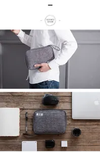 Bolsa organizadora digital multifuncional en un escritorio con varios accesorios