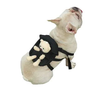 Adjustable black pet dog self-backpack with cute plush bear for small medium dogs