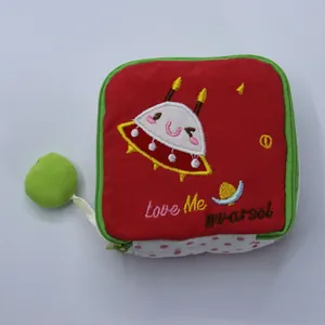 Cute red cartoon UFO embroidery portable sanitary napkin storage bag for girls and students