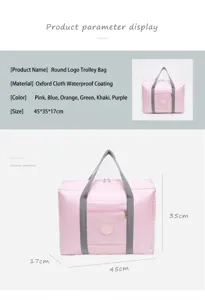 Large pink waterproof travel bag with luggage strap, 45x35x17cm dimension detail