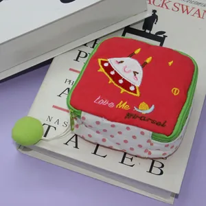Cute red portable sanitary pad storage pouch with UFO embroidery and polka dot patterns