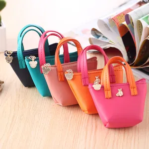 Mini Porte-monnaie en Cuir Synthétique Style Coréen Couleurs Bonbon Pochette à Main Avec Charme d'Ours Pour Bijoux Sac à Fermeture Éclair Femmes