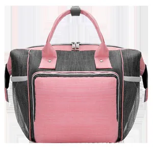 Large capacity pink and grey insulated mommy diaper bag for breast milk and baby bottle storage