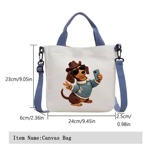 White canvas tote bag with dachshund embroidery and detailed size dimensions