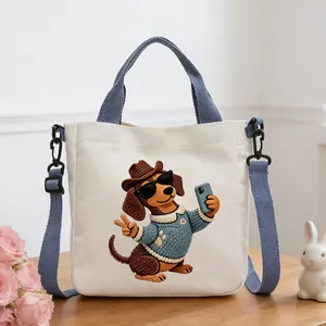 Cute Cartoon Dachshund Embroidered Polyester Handbag For Women Casual Small Square Shoulder Crossbody Bag With Adjustable Strap