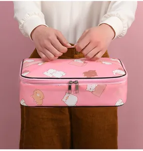 Nahaufnahme einer rosafarbenen isolierten Lunchtasche mit süßen Katzenmotiven in der Hand