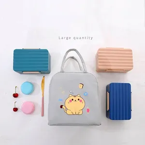 Korean style insulated lunch bag with cute cat and three stackable plastic meal boxes