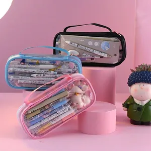 Large Capacity Transparent Mesh Pencil Case Portable PVC Stationery Bag Student Simple Storage Makeup Pouch School Office Accessory