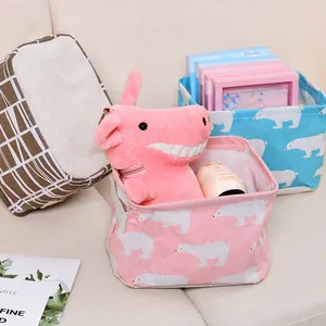 Collapsible linen desktop storage bins with polar bear print for organizing small items