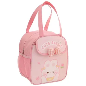 Pink insulated cartoon lunch bag with cute rabbit pattern and bow detail