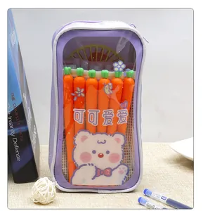 Detail of a purple transparent pencil case with a cute bear print and carrot pens