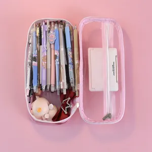 Large capacity pink clear mesh pencil case for students and cute stationery storage