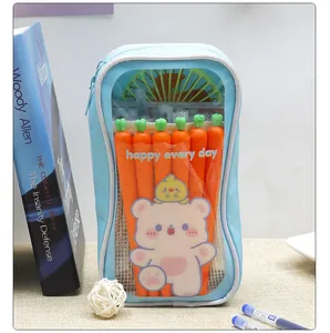 Large capacity transparent pencil case featuring cute bear design and carrot pens