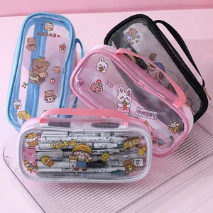 Large capacity transparent mesh pencil case with cute cartoon illustrations for students