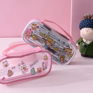 Large capacity transparent pink mesh pencil case with cute cartoon prints and handle