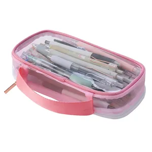 Large capacity pink mesh transparent pencil case with handle for student stationery