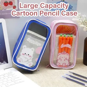 Large capacity cute cartoon transparent pencil pouch for students available in blue and pink