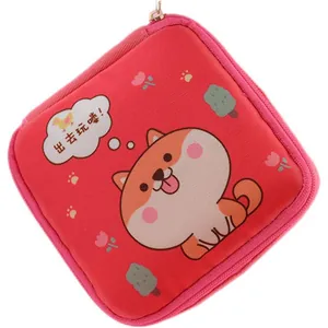 Cute cartoon shiba inu sanitary napkin storage pouch for girls, portable pink zipper bag