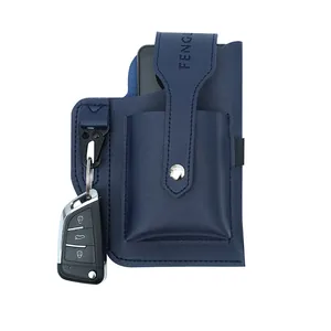 Étui de ceinture en cuir bleu marine pour téléphone avec poche avant et crochet porte-clés