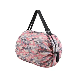 Bolsa de compras plegable de lona portátil de gran capacidad con diseño de camuflaje rosa