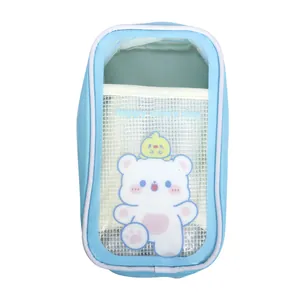 Cute blue large capacity pencil case with transparent window and cartoon bear illustration
