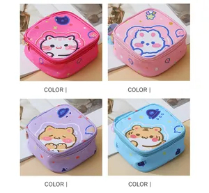 Detailed view of cute cartoon sanitary napkin storage bags in four vibrant colors