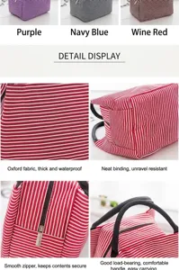 Detailaufnahmen einer gestreiften Isoliertasche mit Stoffstruktur und festem Griff