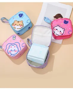 Detailed view showing several cute portable sanitary napkin storage bags in various colors