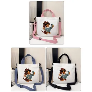 Cute embroidered dachshund canvas tote bags featuring pink, blue, and black strap variants