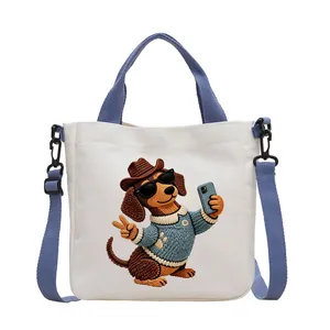 Cute dachshund dog embroidery canvas handbag and crossbody bag for women in white