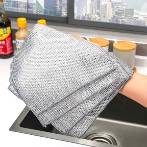 Durable silver metal mesh cleaning cloth for kitchen dishwashing and stovetop scrubbing