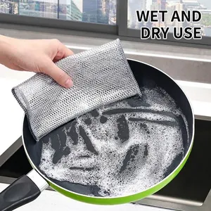 Silver metal wire dishcloth for cleaning pots and pans with mesh design