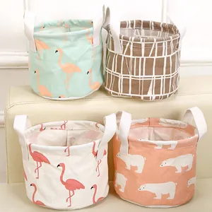 Panier de Rangement de Bureau en Linge de Coton Pliable Motif Flamant Rose Ours Polaire Organisateur Avec Double Poignées