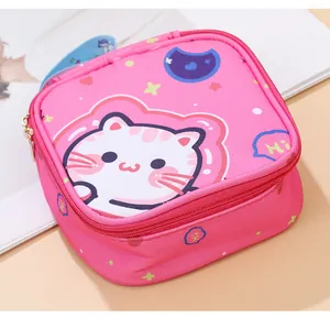 Close-up of cute pink cartoon cat sanitary napkin storage bag with zipper detail