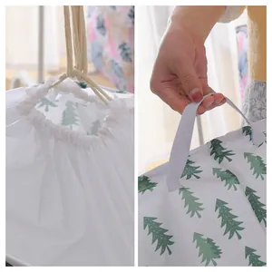Grand sac de rangement en lin avec cordon de serrage, motif d'arbres verts et poignée solide