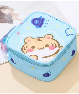 Detailed view of a cute blue portable storage bag featuring a cartoon tiger and space pattern.