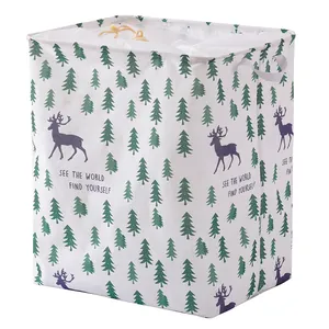 Grand panier à linge pliable avec motif de sapins et cerfs et cordon de serrage
